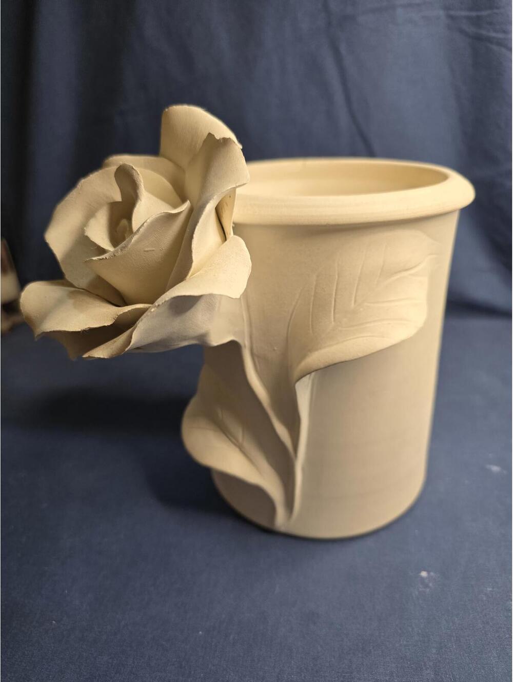 Beautiful Vintage Handcrafted Unglazed Ceramic Vase/ Cache Pot with Rose Detail
